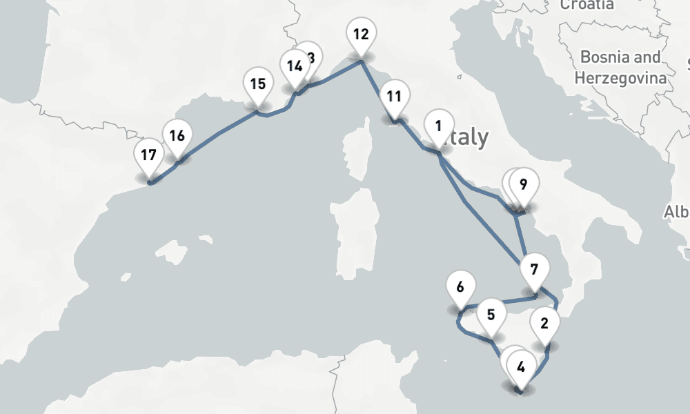 17 nights / 18 days, one-way from Civitavecchia (Rome, Italy) to Barcelona