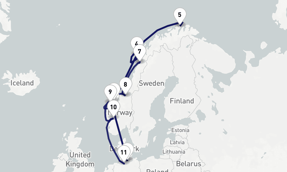 14 nights / 15 days, one-way from Travemunde (Lubeck, Germany) to Hamburg