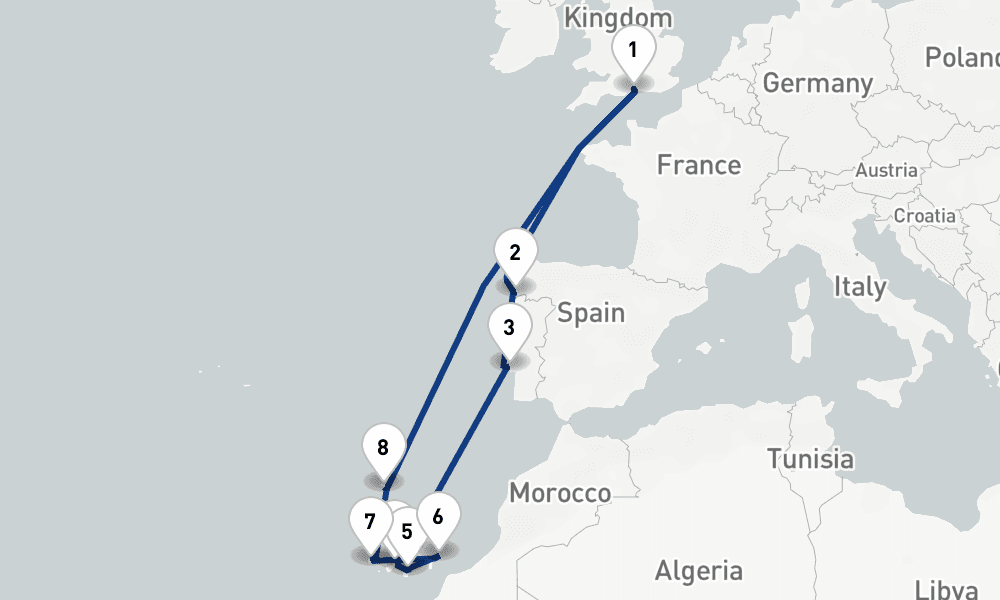 14 nights / 15 days, Southampton (England) Round trip