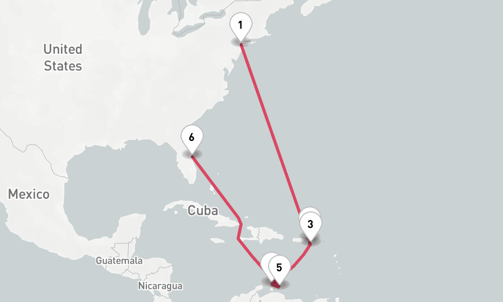 12 nights / 13 days, one-way from New York (Cape Liberty NYC) to Port Canaveral (Orlando, Florida)