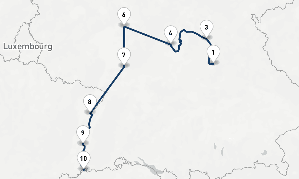 9 nights / 10 days, one-way from Nuremberg to Basel