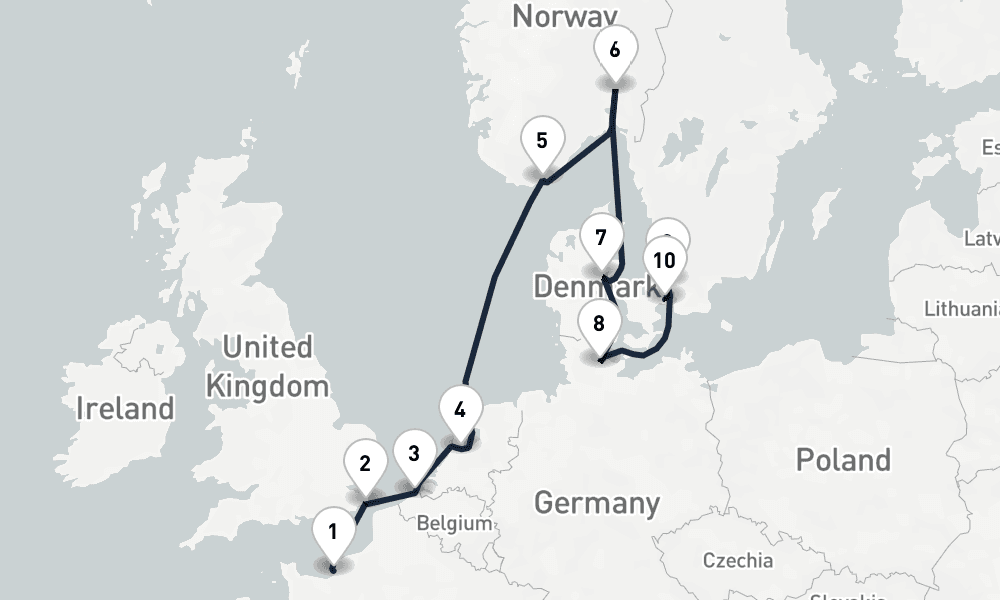 11 nights / 12 days, one-way from Le Havre (Paris, France) to Copenhagen