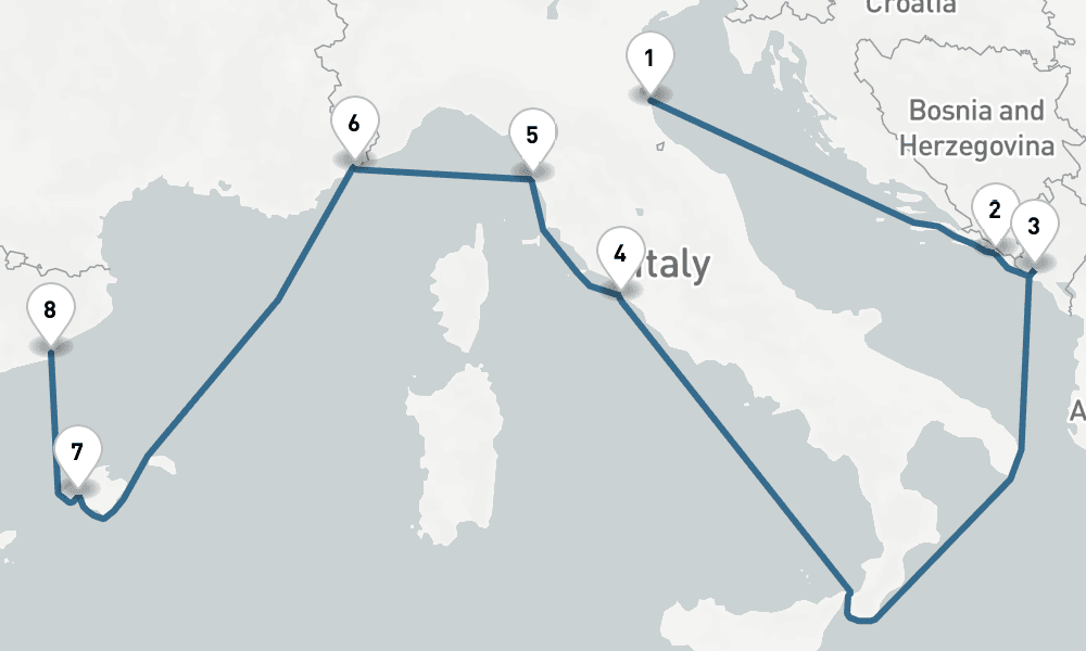 9 nights / 10 days, one-way from Ravenna to Barcelona
