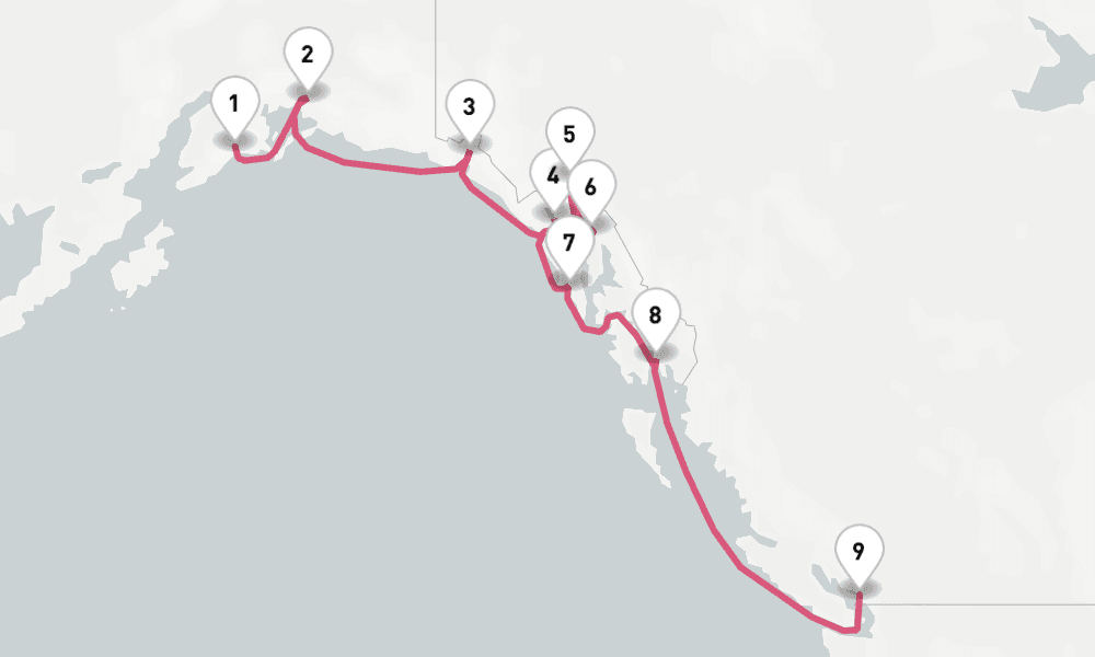 10 nights / 11 days, one-way from Seward (Alaska) to Vancouver (BC Canada)