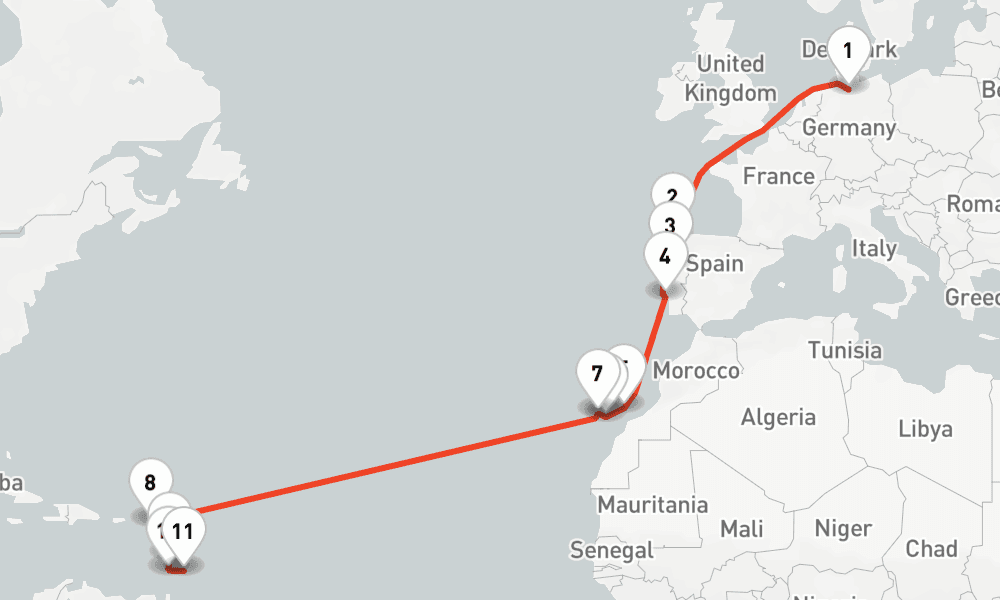 19 nights / 20 days, one-way from Hamburg to Bridgetown (Barbados)