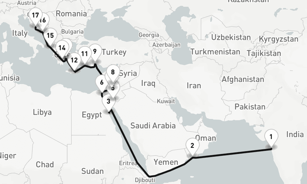 26 nights / 27 days, one-way from Mumbai (Bombay, India) to Split