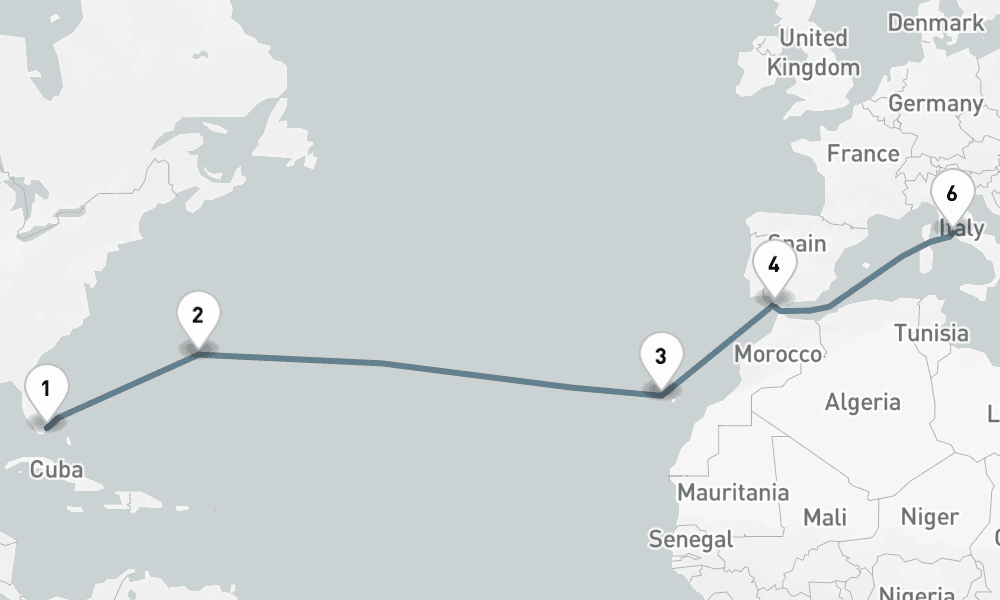 16 nights / 17 days, one-way from Miami (Florida) to Civitavecchia (Rome, Italy)