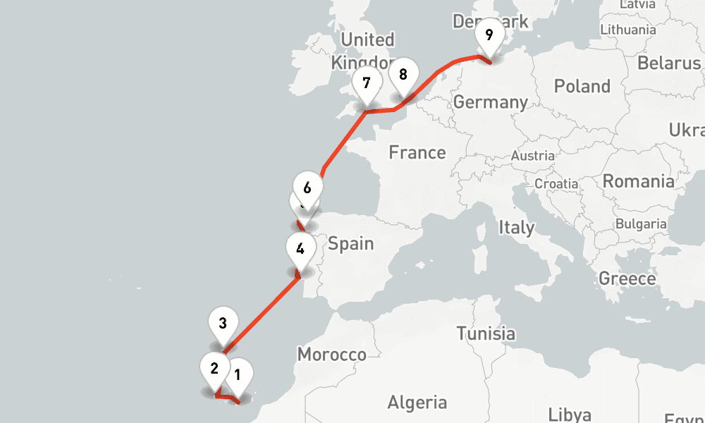 11 nights / 12 days, one-way from Las Palmas (Gran Canaria, Canary Islands) to Hamburg