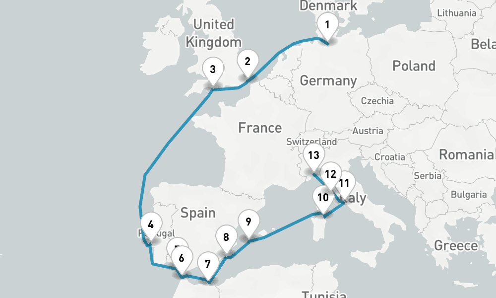16 nights / 17 days, one-way from Hamburg to Savona