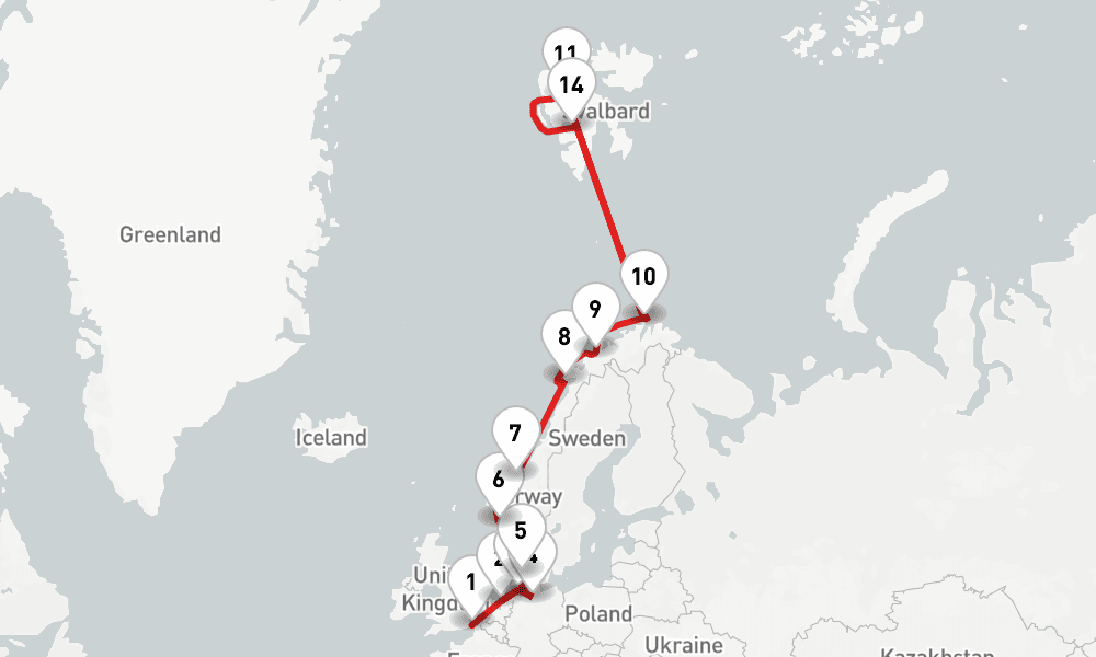 16 nights / 17 days, one-way from Dover (England) to Longyearbyen (Spitsbergen, Arctic Norway)