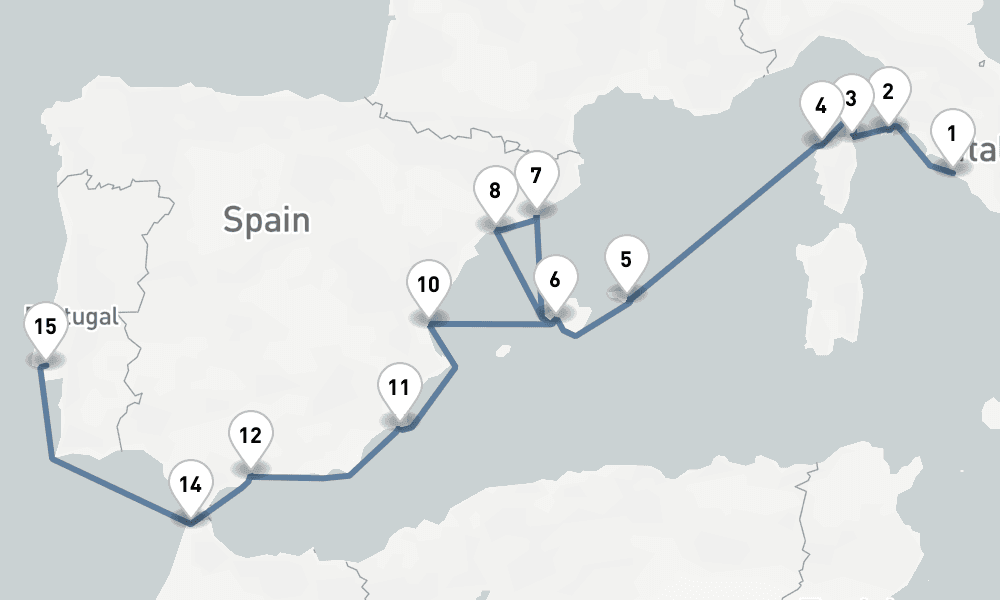 17 nights / 18 days, one-way from Civitavecchia (Rome, Italy) to Lisbon