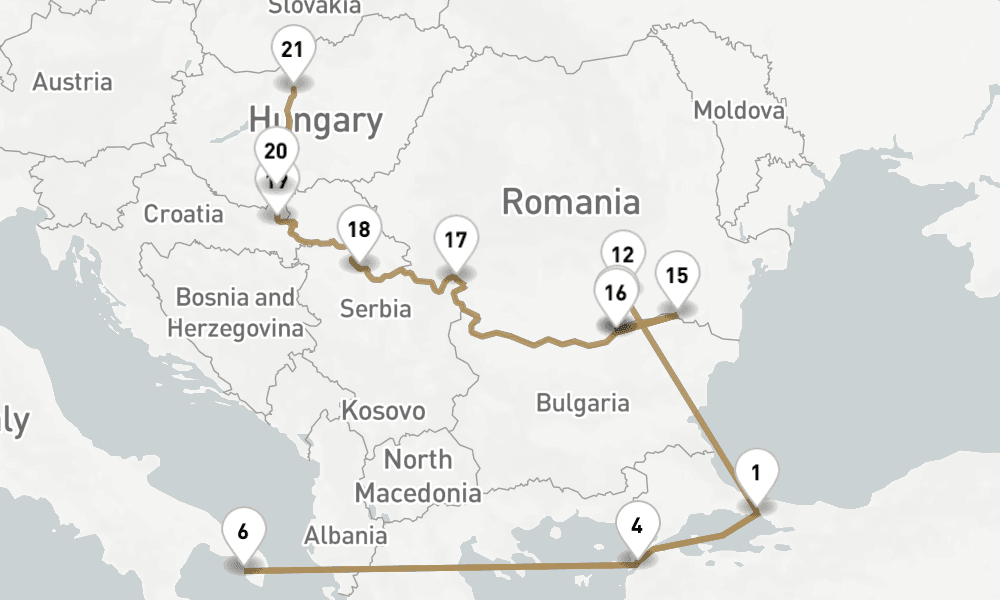 16 nights / 17 days, one-way from Istanbul to Budapest