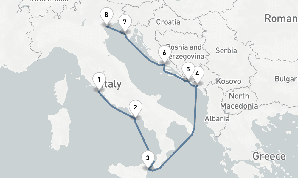 8 nights / 9 days, one-way from Civitavecchia (Rome, Italy) to Venice
