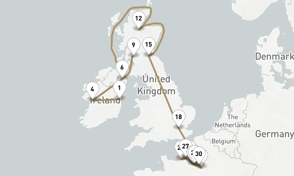 29 nights / 30 days, one-way from Dublin to Paris