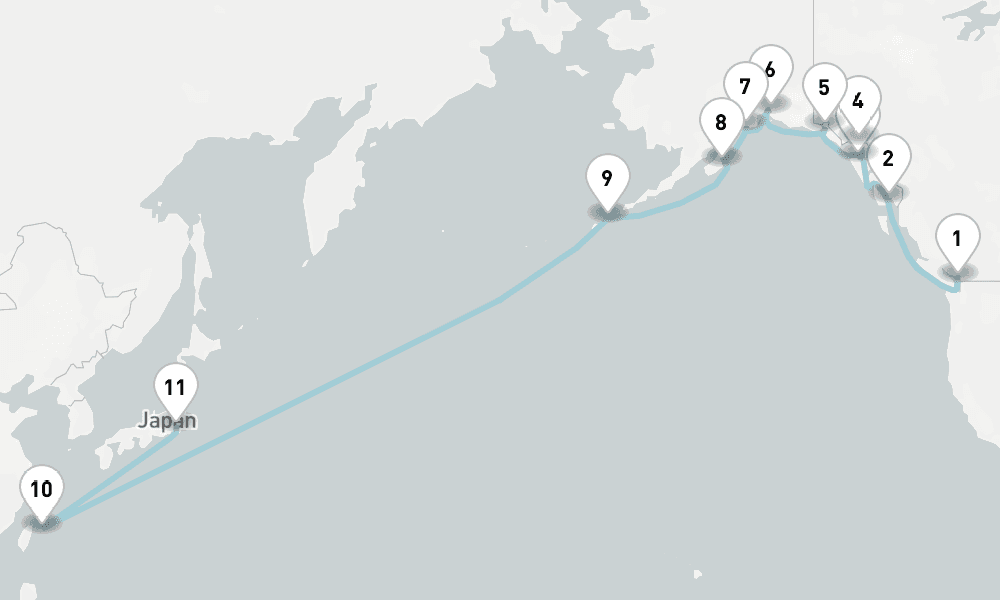 21 nights / 22 days, one-way from Vancouver (BC Canada) to Tokyo