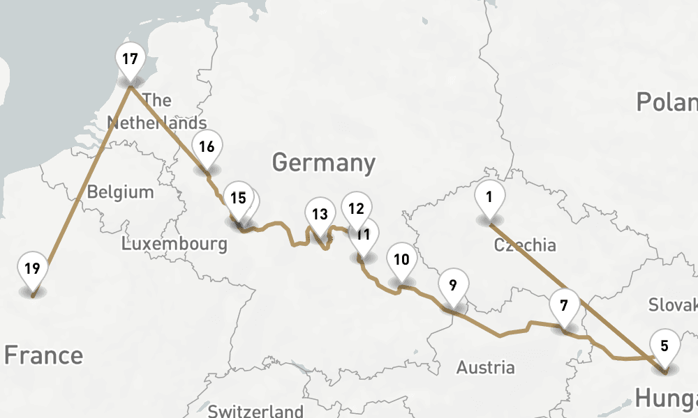 20 nights / 21 days, one-way from Prague (Czech Republic) to Paris