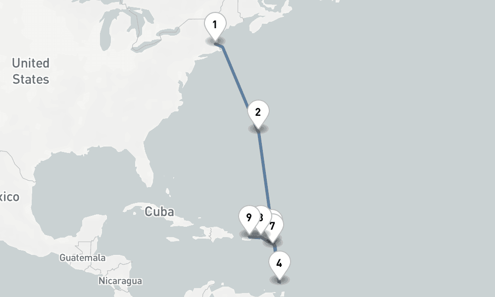 11 nights / 12 days, one-way from Boston (Massachusetts) to San Juan (Puerto Rico)