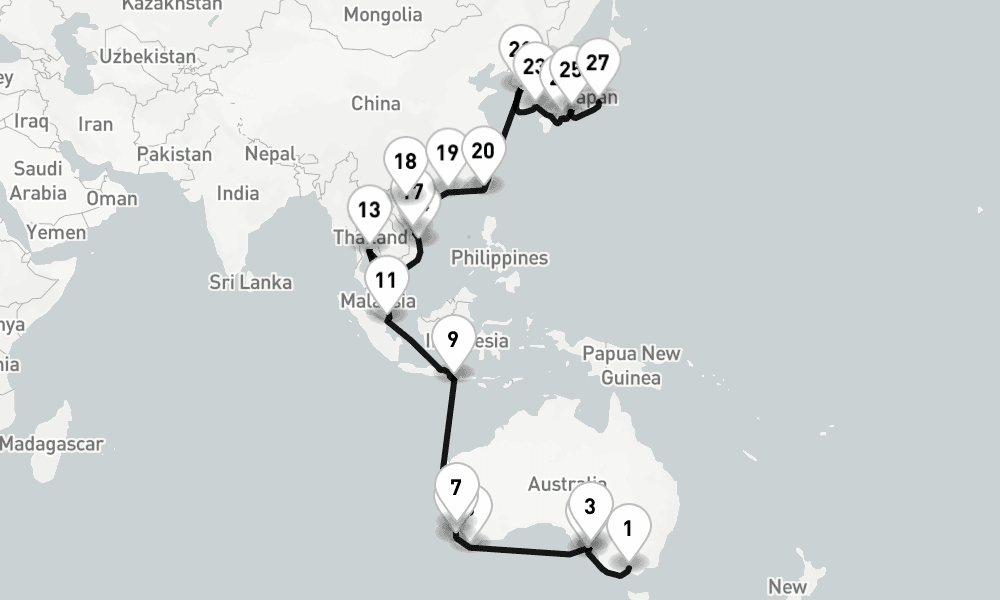 47 nights / 48 days, one-way from Melbourne (Victoria, Australia) to Tokyo