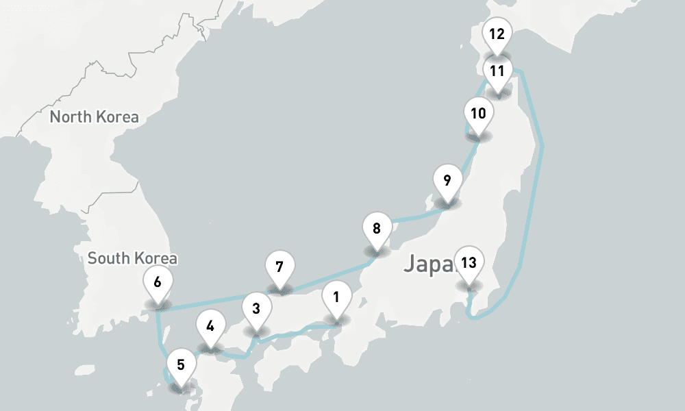 14 nights / 15 days, one-way from Kobe (Osaka-Kyoto, Japan) to Tokyo