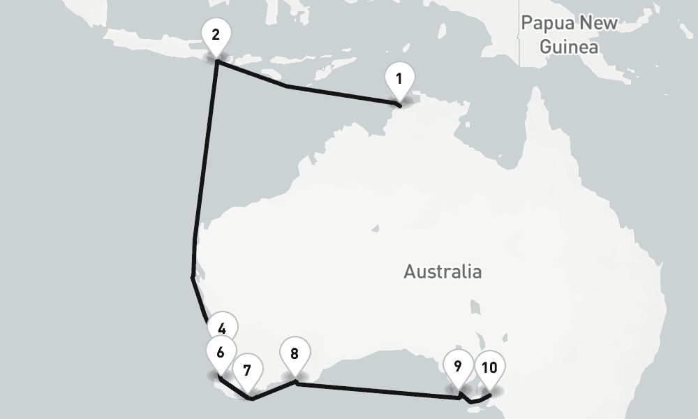 17 nights / 18 days, one-way from Darwin (NT Australia) to Adelaide (South Australia)