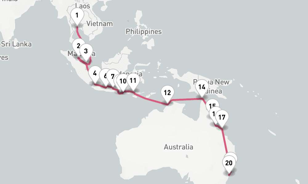 28 nights / 29 days, one-way from Laem Chabang (Bangkok, Thailand) to Sydney (NSW, Australia)