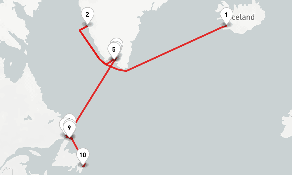 16 nights / 17 days, one-way from Reykjavik to St Johns (Newfoundland Island, Canada)
