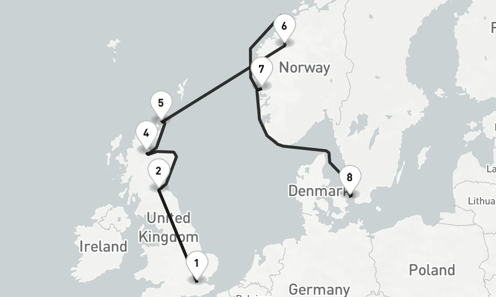 10 nights / 11 days, one-way from Greenwich (London, England) to Copenhagen