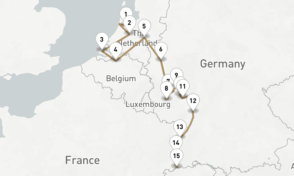 18 nights / 19 days, one-way from Amsterdam (Holland) to Basel