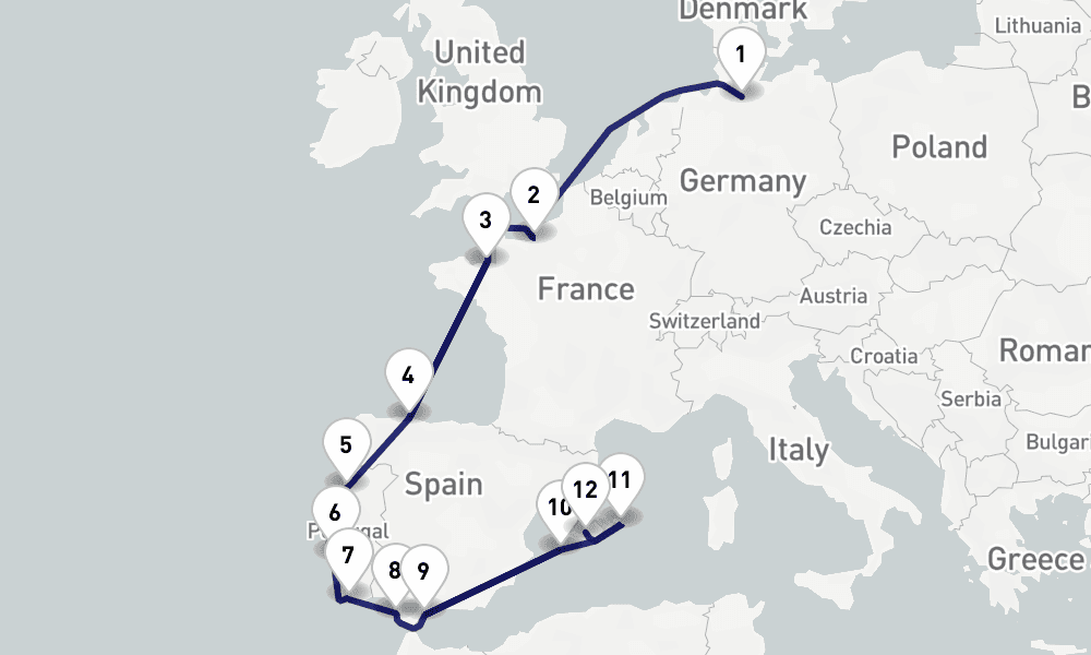 16 nights / 17 days, one-way from Hamburg to Palma de Mallorca (Majorca Island, Spain)