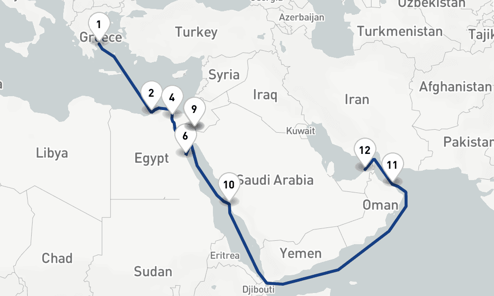 18 nights / 19 days, one-way from Piraeus (Athens, Greece) to Dubai (Port Rashid, UAE)