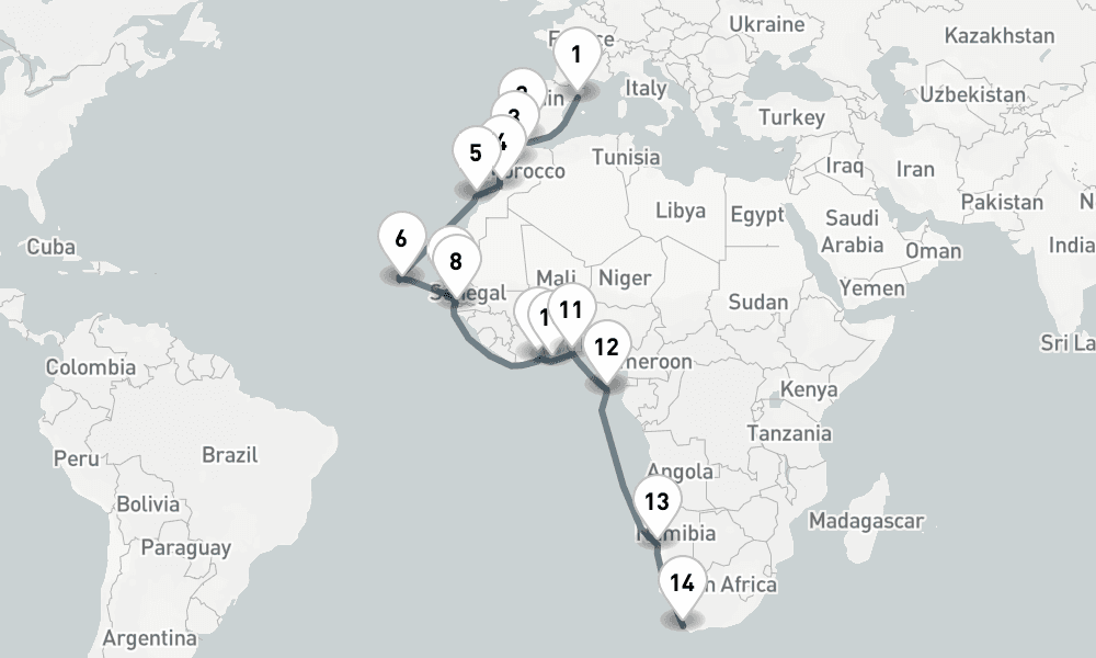 25 nights / 26 days, one-way from Barcelona to Cape Town