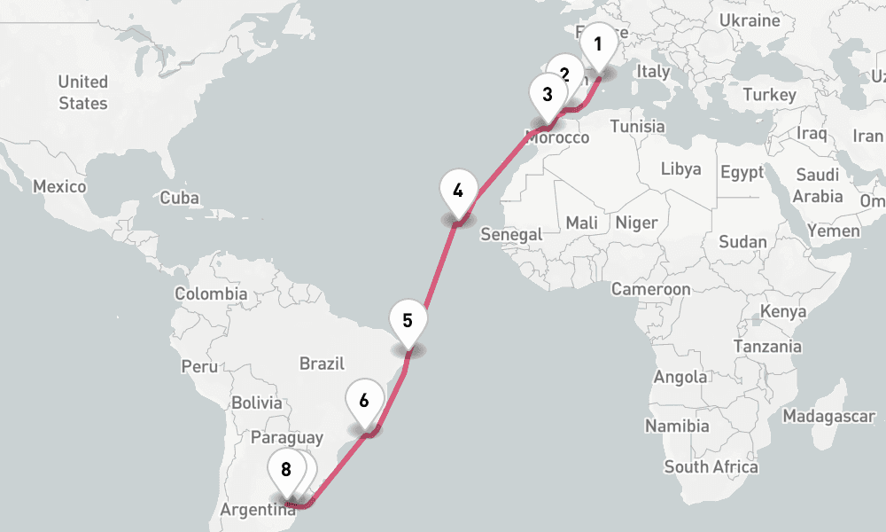 21 nights / 22 days, one-way from Barcelona to Buenos Aires