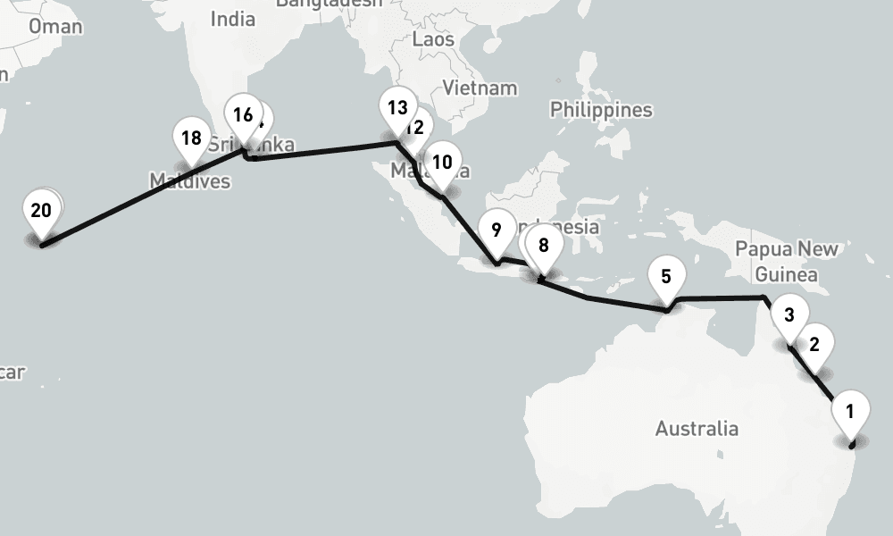 34 nights / 35 days, one-way from Brisbane (Queensland, Australia) to Mahe Island (Victoria, Seychelles)