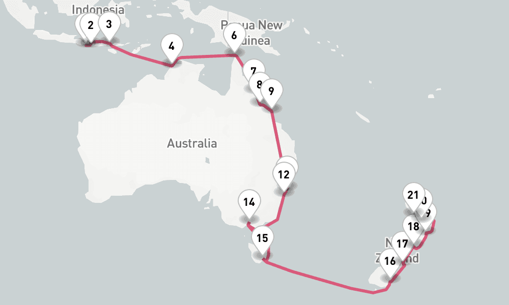 30 nights / 31 days, one-way from Benoa (Bali, Indonesia) to Auckland