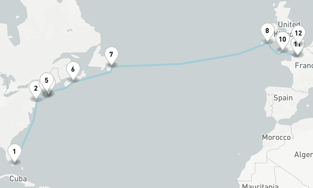 18 nights / 19 days, one-way from Miami (Florida) to Tilbury (London, England)