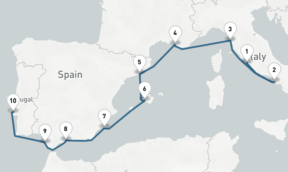 10 nights / 11 days, one-way from Civitavecchia (Rome, Italy) to Lisbon