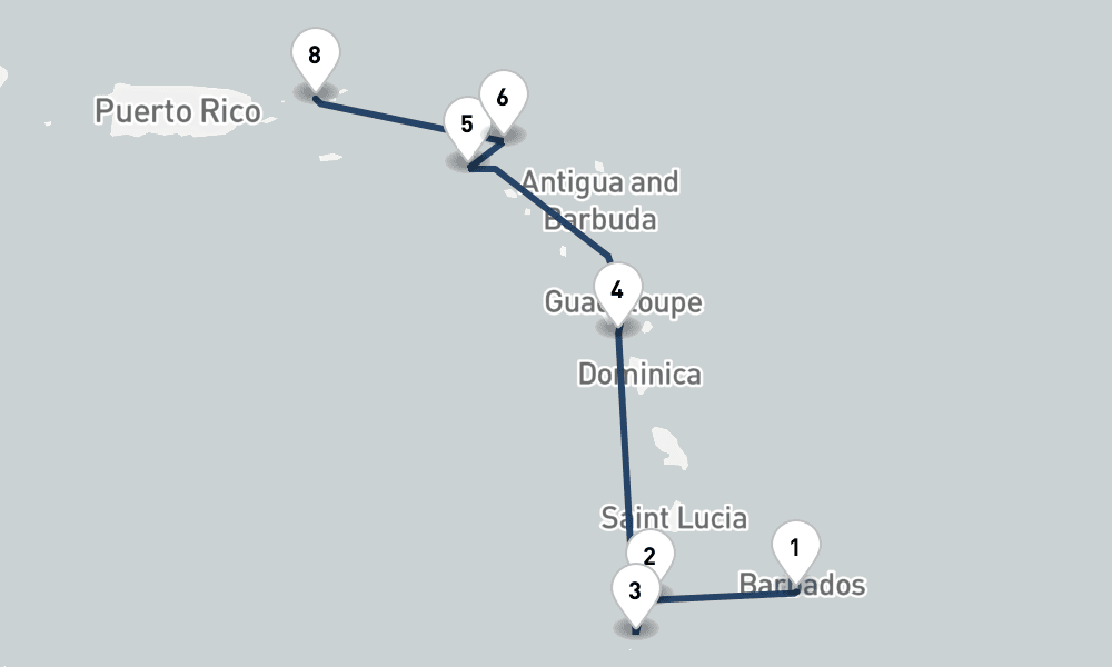 7 nights / 8 days, one-way from Bridgetown (Barbados) to Saint Thomas Island (Charlotte Amalie, USVI)