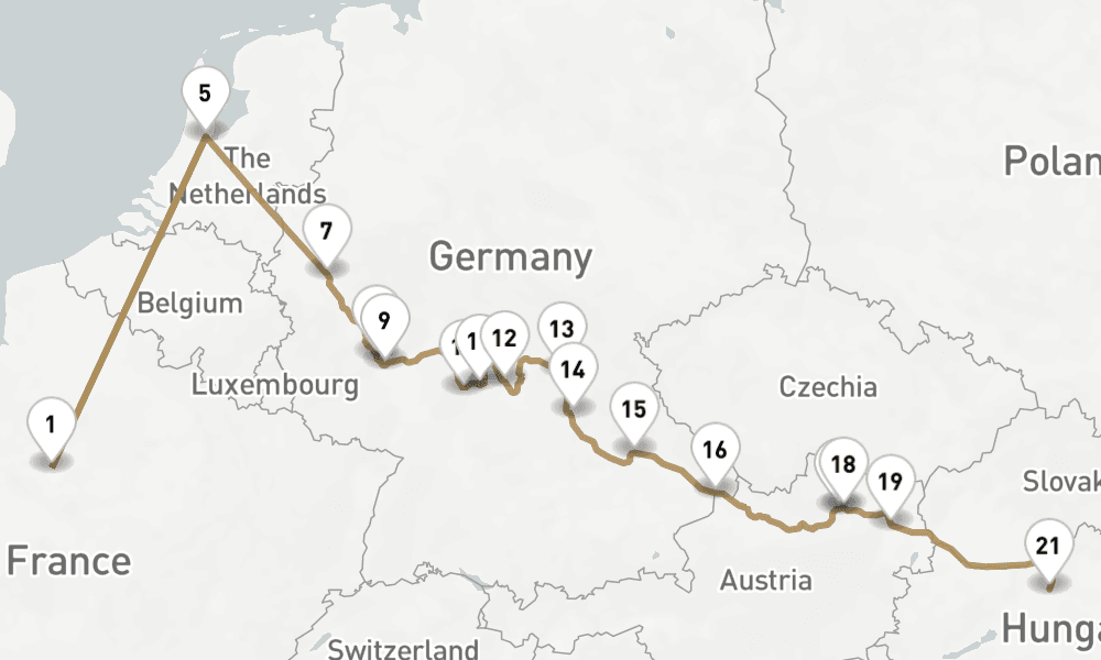 17 nights / 18 days, one-way from Paris to Budapest