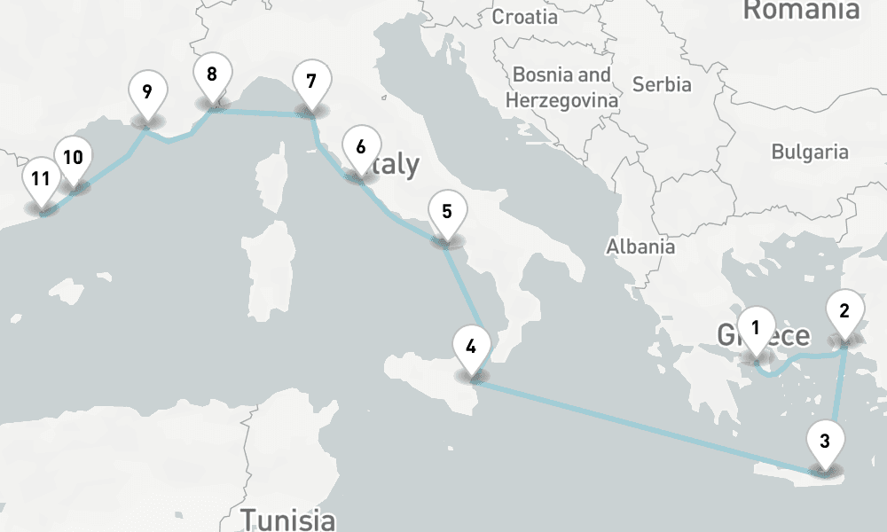11 nights / 12 days, one-way from Piraeus (Athens, Greece) to Barcelona
