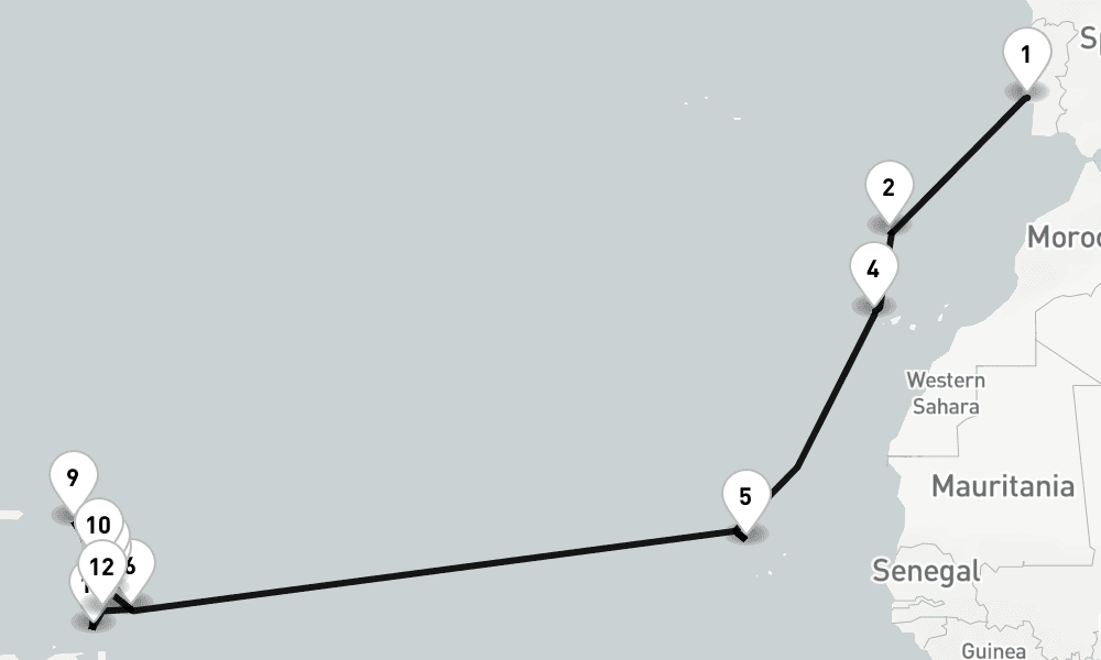 20 nights / 21 days, one-way from Lisbon to Bridgetown (Barbados)