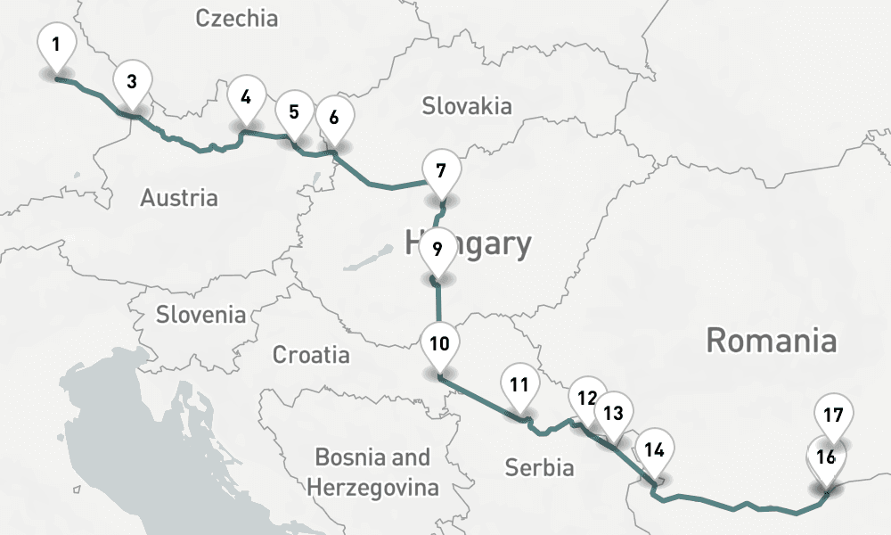 15 nights / 16 days, one-way from Regensburg to Bucharest