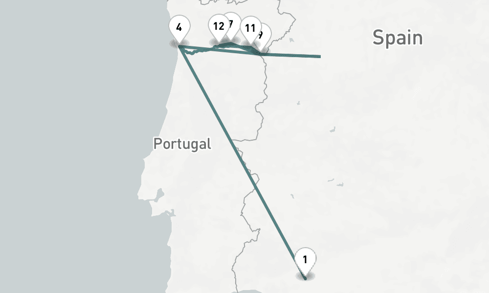 10 nights / 11 days, one-way from Seville to Porto