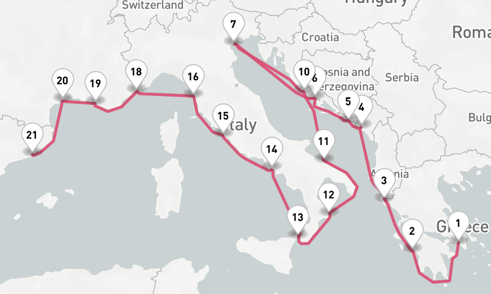 21 nights / 22 days, one-way from Piraeus (Athens, Greece) to Barcelona