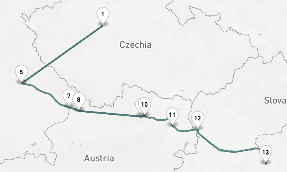 10 nights / 11 days, one-way from Prague (Czech Republic) to Budapest