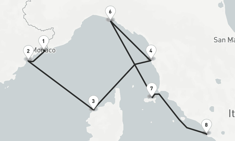 7 nights / 8 days, one-way from Monte Carlo (Monaco, France Riviera) to Civitavecchia (Rome, Italy)