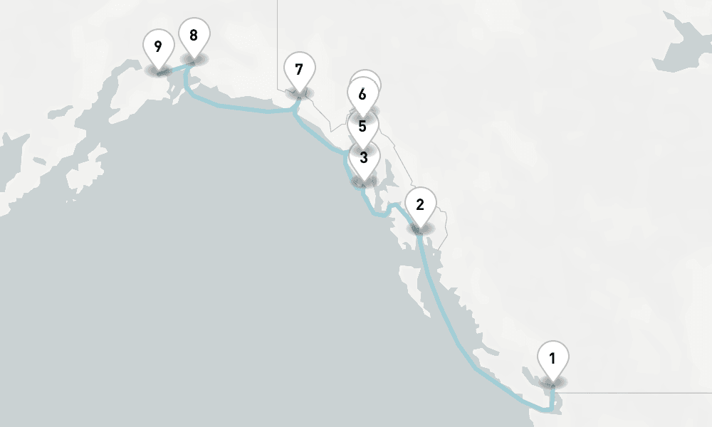 10 nights / 11 days, one-way from Vancouver (BC Canada) to Whittier (Alaska)