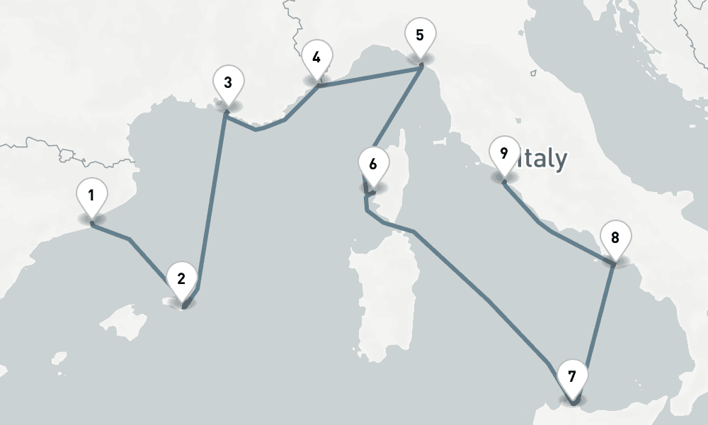 9 nights / 10 days, one-way from Barcelona to Civitavecchia (Rome, Italy)