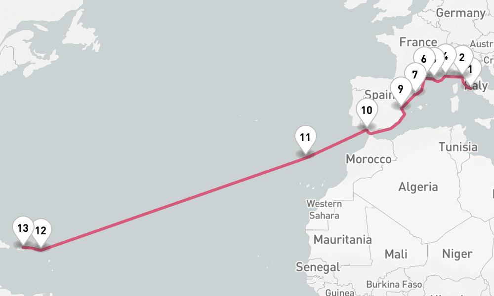 20 nights / 21 days, one-way from Civitavecchia (Rome, Italy) to San Juan (Puerto Rico)