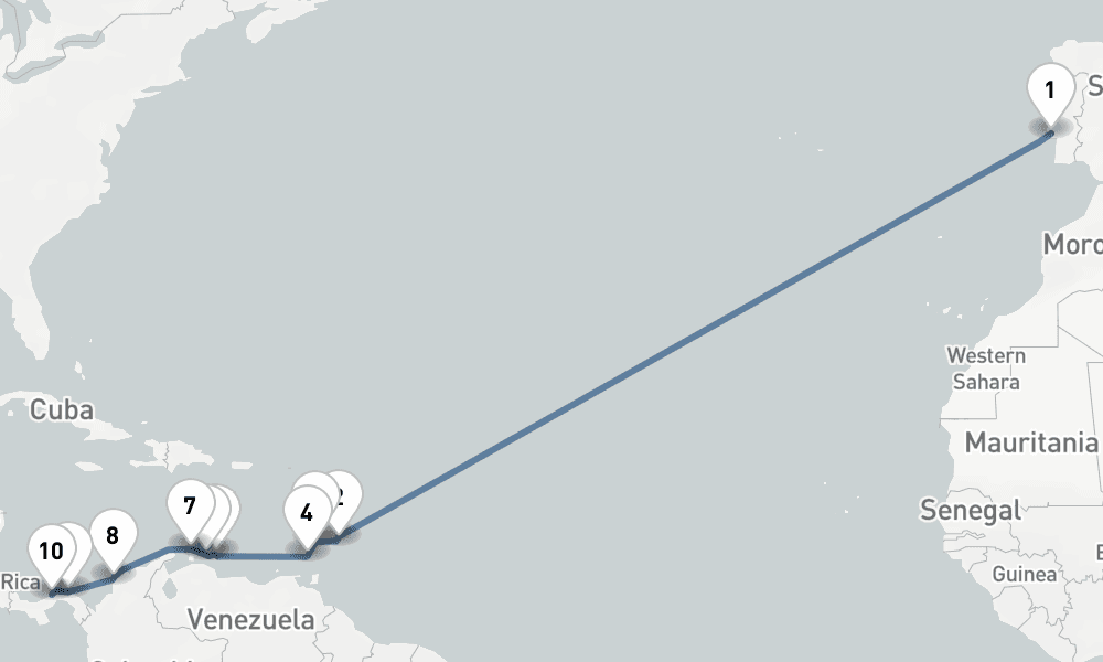 25 nights / 26 days, one-way from Lisbon to Colon