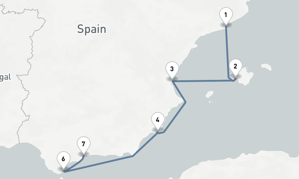 7 nights / 8 days, one-way from Barcelona to Malaga